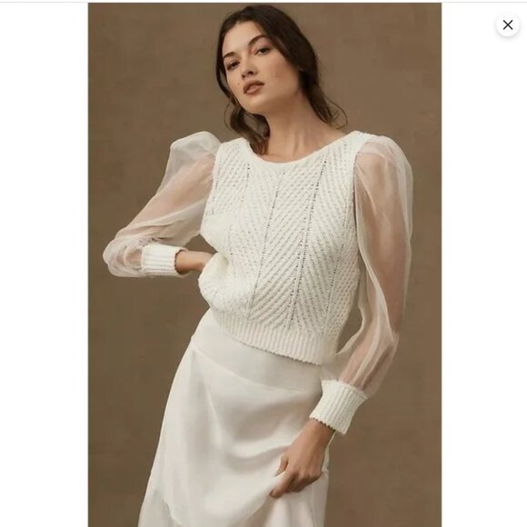 Maeve Anthropologie White Twofer Sheer Sleeve Cable Knit Sweater - Picture 1 of 10